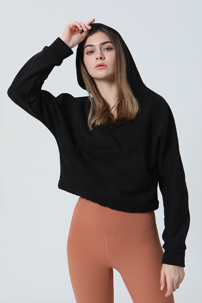 Wrap-Effect V-Neck Fleece Hoodie by bornfocus