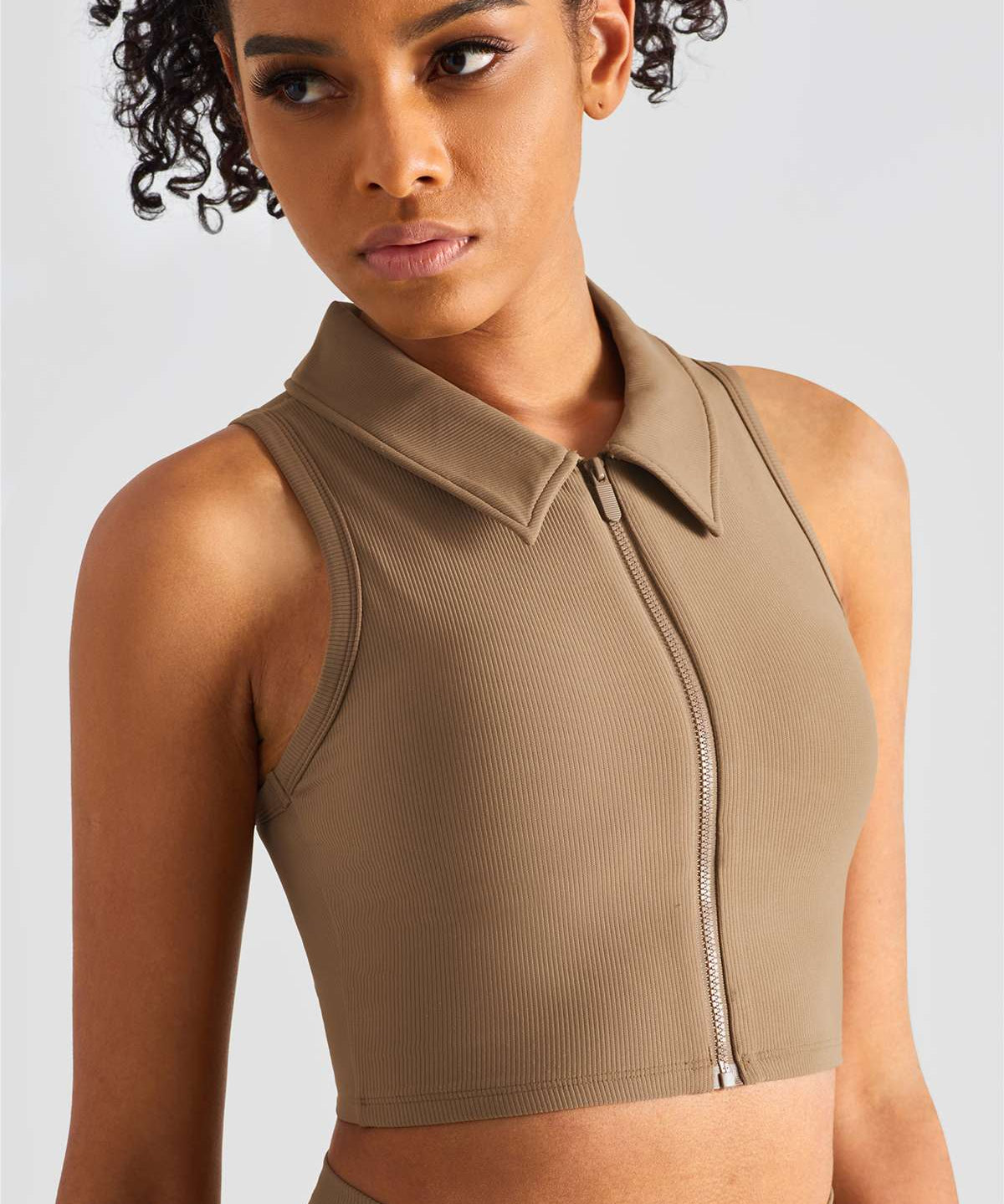 Ribbed Lapel Collar Crop Sleeveless Tank Tops by bornfocus