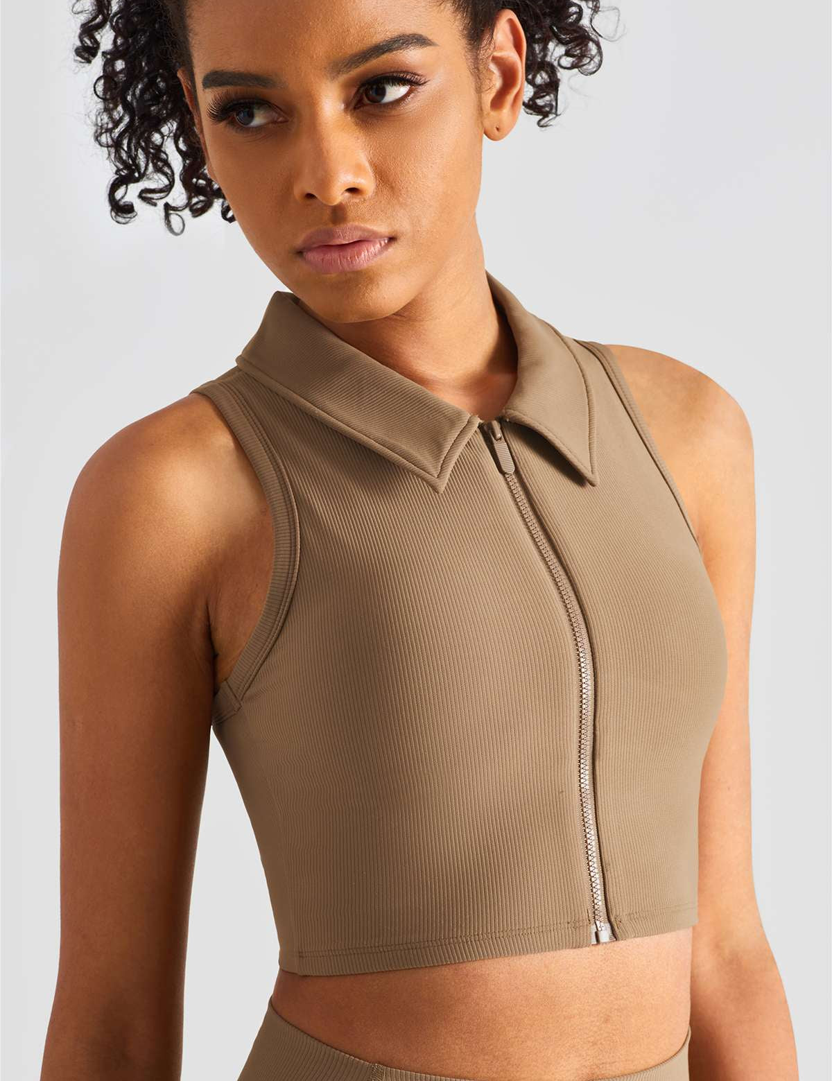 Ribbed Lapel Collar Crop Sleeveless Tank Tops by bornfocus