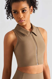 Ribbed Lapel Collar Crop Sleeveless Tank Tops by bornfocus