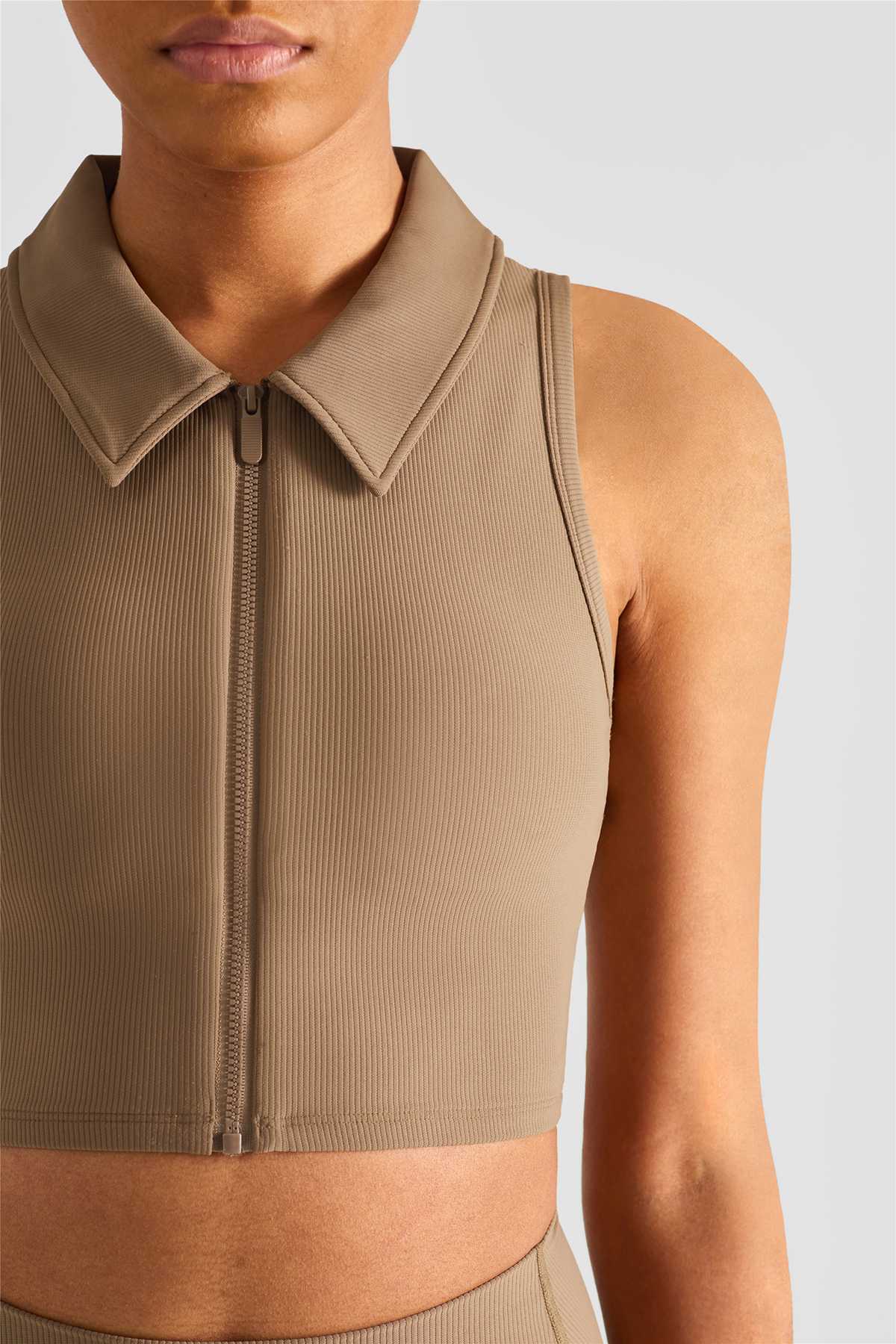 Ribbed Lapel Collar Crop Sleeveless Tank Tops by bornfocus