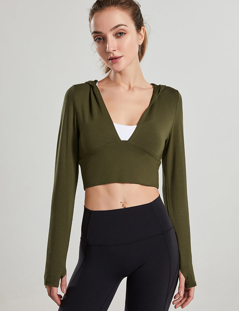 Long Sleeves V-Neck Cropped Hoodie by bornfocus