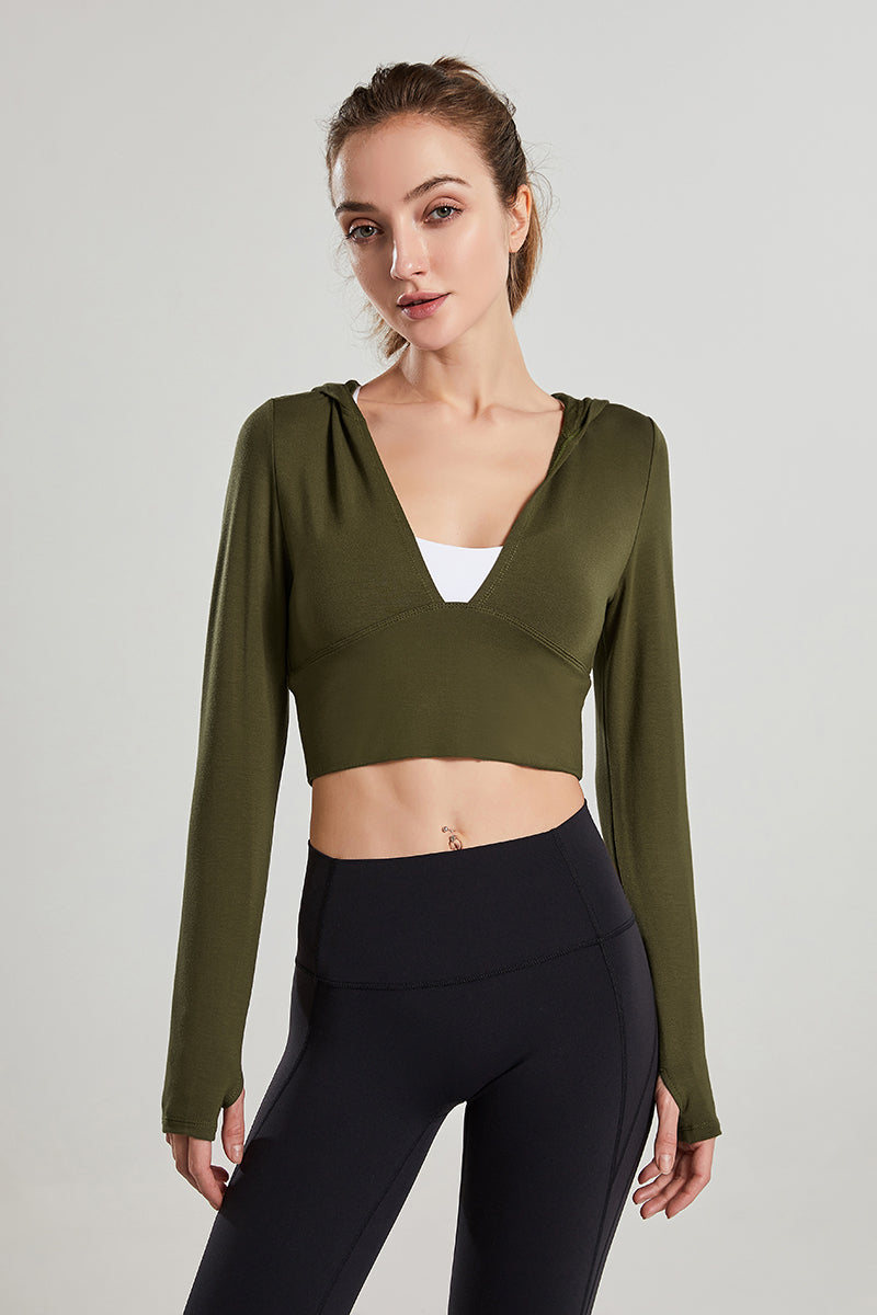 Long Sleeves V-Neck Cropped Hoodie by bornfocus