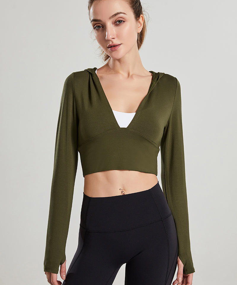 Long Sleeves V-Neck Cropped Hoodie by bornfocus