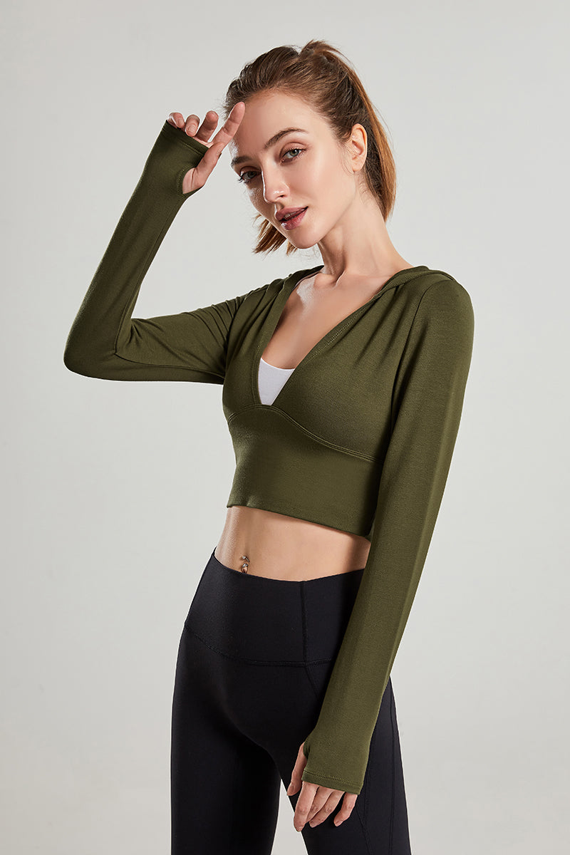 Long Sleeves V-Neck Cropped Hoodie by bornfocus