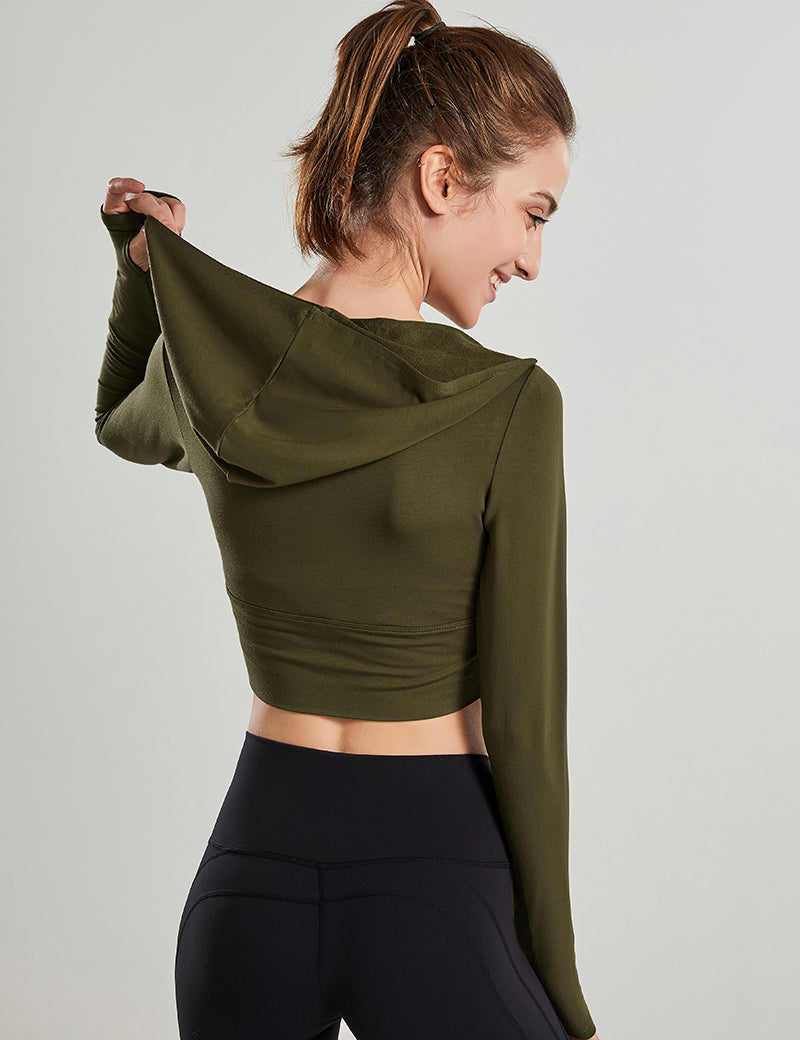 Long Sleeves V-Neck Cropped Hoodie by bornfocus