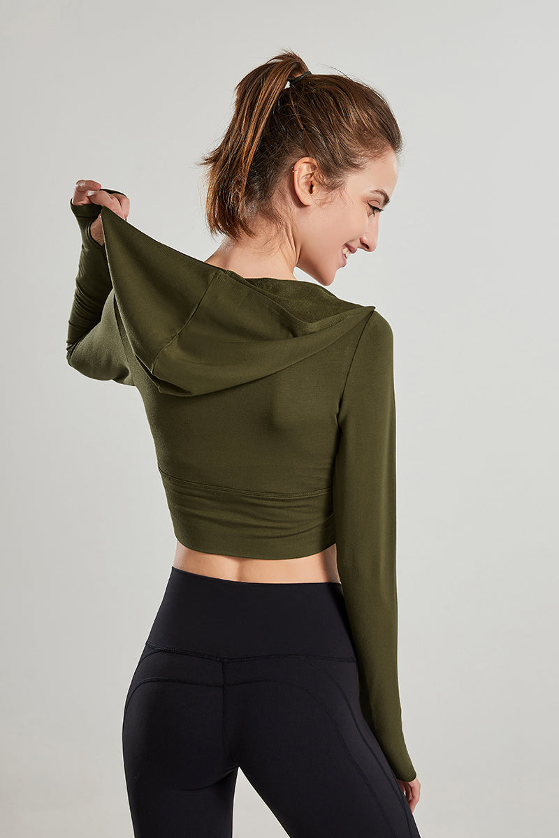 Long Sleeves V-Neck Cropped Hoodie by bornfocus