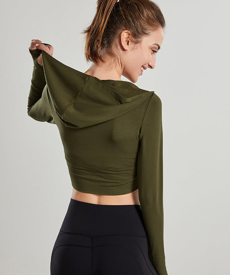 Long Sleeves V-Neck Cropped Hoodie by bornfocus