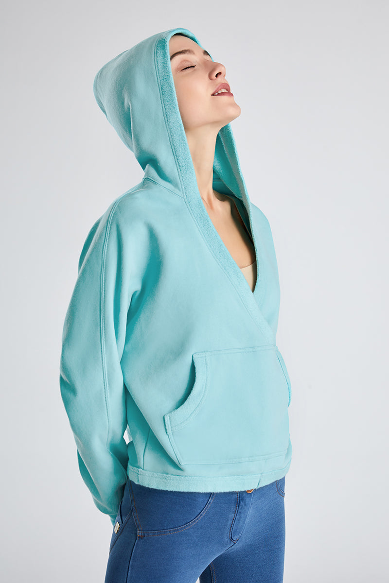 Wrap-Effect V-Neck Fleece Hoodie by bornfocus