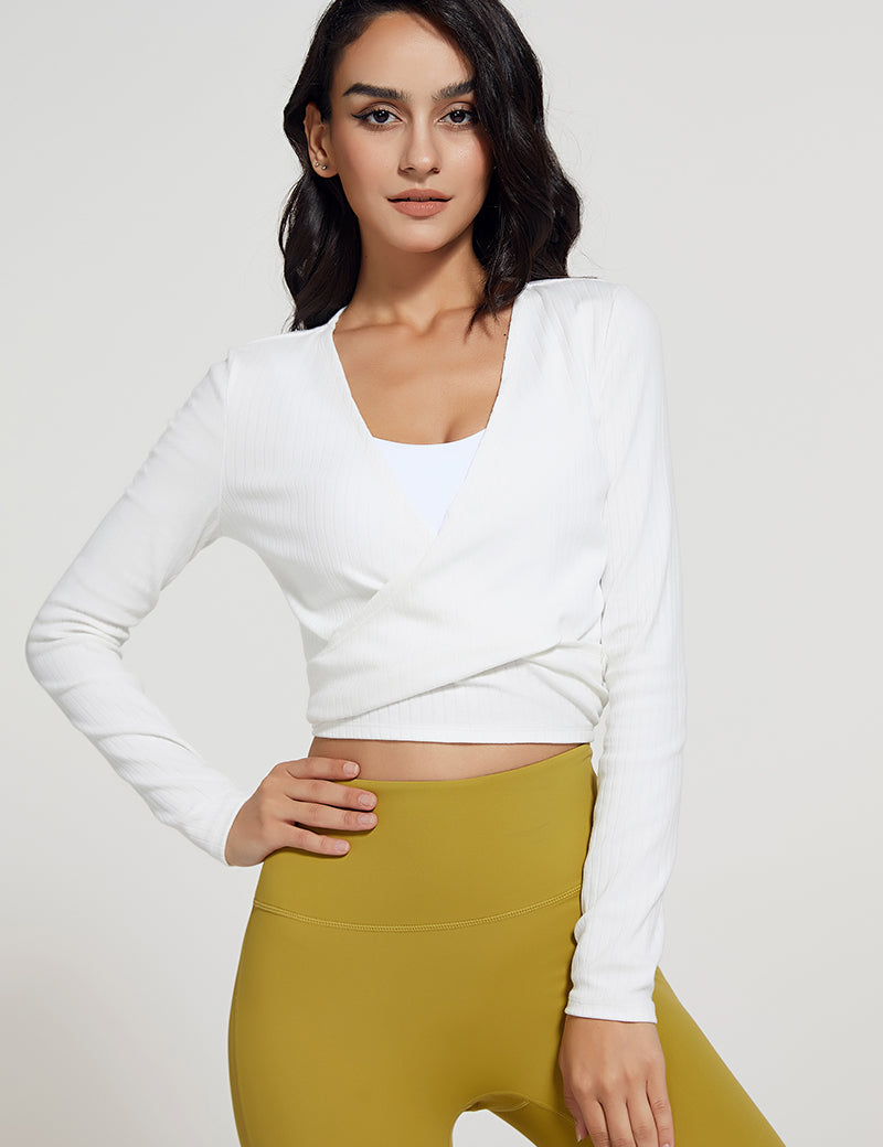 Ribbed V-neck Bandage Wrap Blouse Crop Top by bornfocus