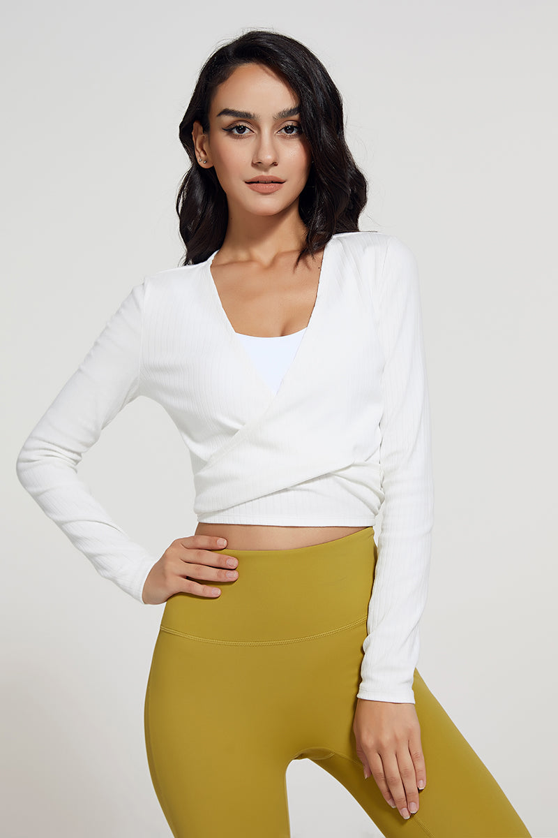 Ribbed V-neck Bandage Wrap Blouse Crop Top by bornfocus