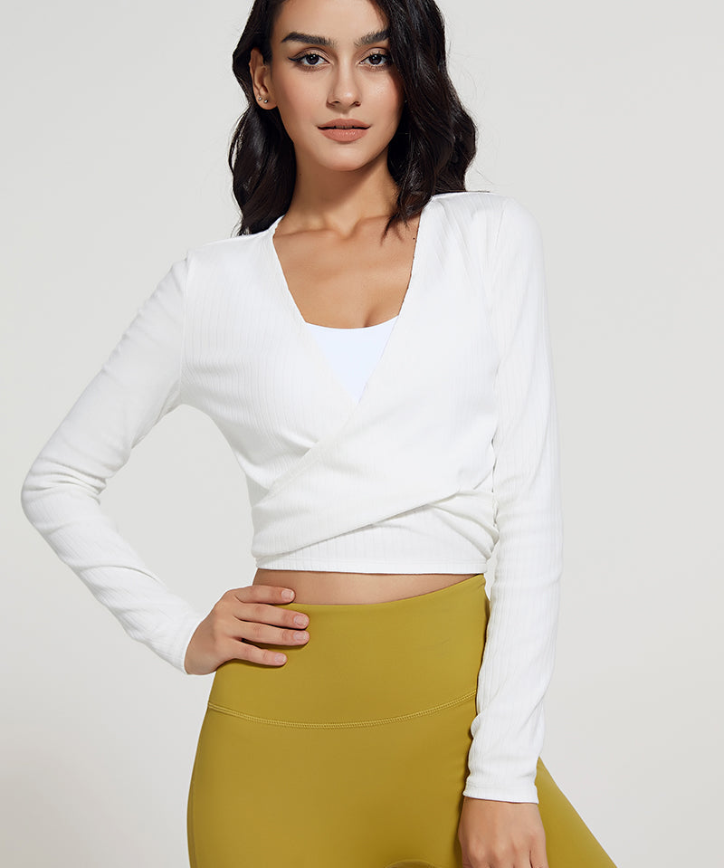 Ribbed V-neck Bandage Wrap Blouse Crop Top by bornfocus