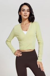 Ribbed V-neck Bandage Wrap Blouse Crop Top by bornfocus