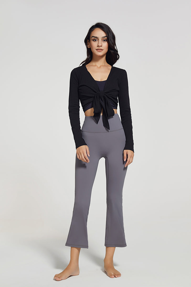 Ribbed V-neck Bandage Wrap Blouse Crop Top by bornfocus