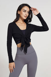 Ribbed V-neck Bandage Wrap Blouse Crop Top by bornfocus