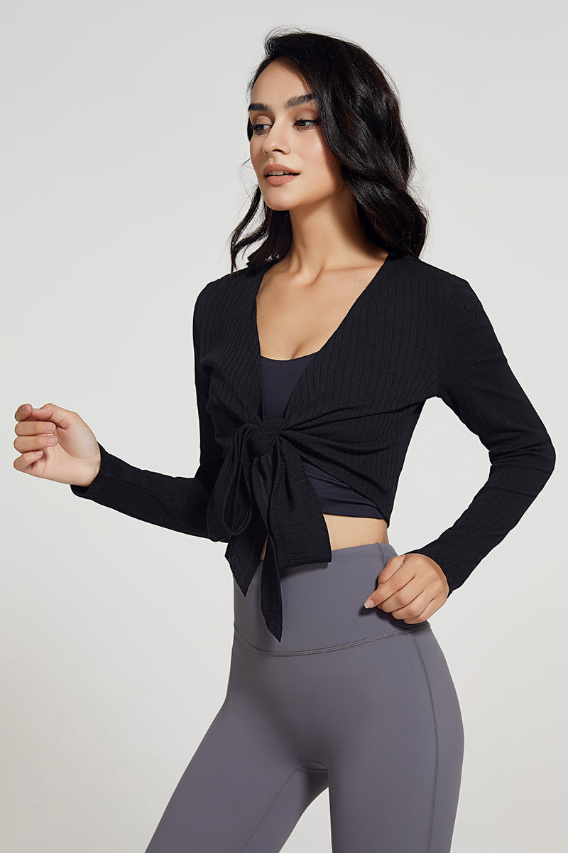 Ribbed V-neck Bandage Wrap Blouse Crop Top by bornfocus