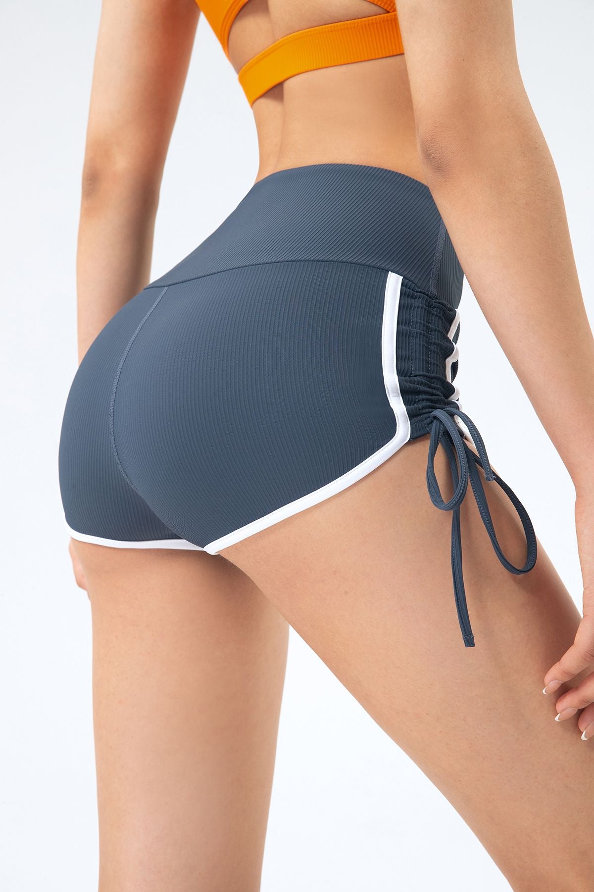 Ribbed Side Ruched Drawstring Yoga Shorts by bornfocus