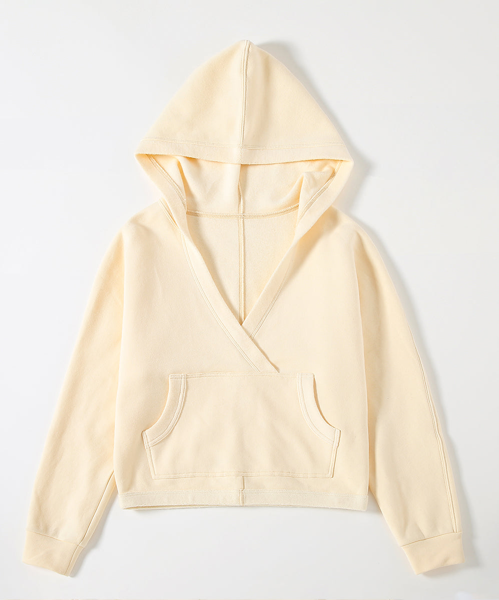 Wrap-Effect V-Neck Fleece Hoodie by bornfocus