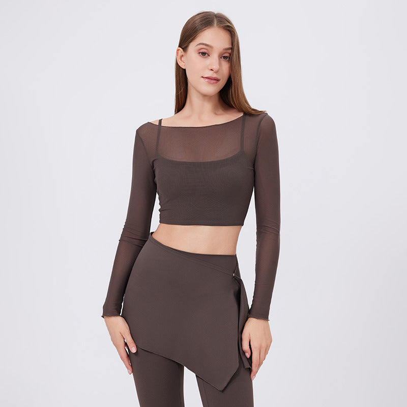 Mesh Long-Sleeve Crop Top with Square Neckline