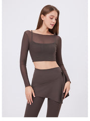 Mesh Long-Sleeve Crop Top with Square Neckline