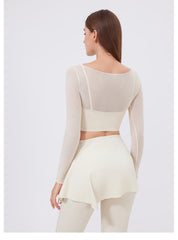 Mesh Long-Sleeve Crop Top with Square Neckline