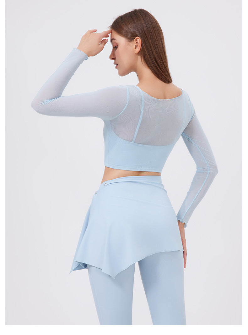 Mesh Long-Sleeve Crop Top with Square Neckline