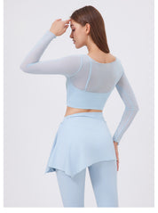 Mesh Long-Sleeve Crop Top with Square Neckline