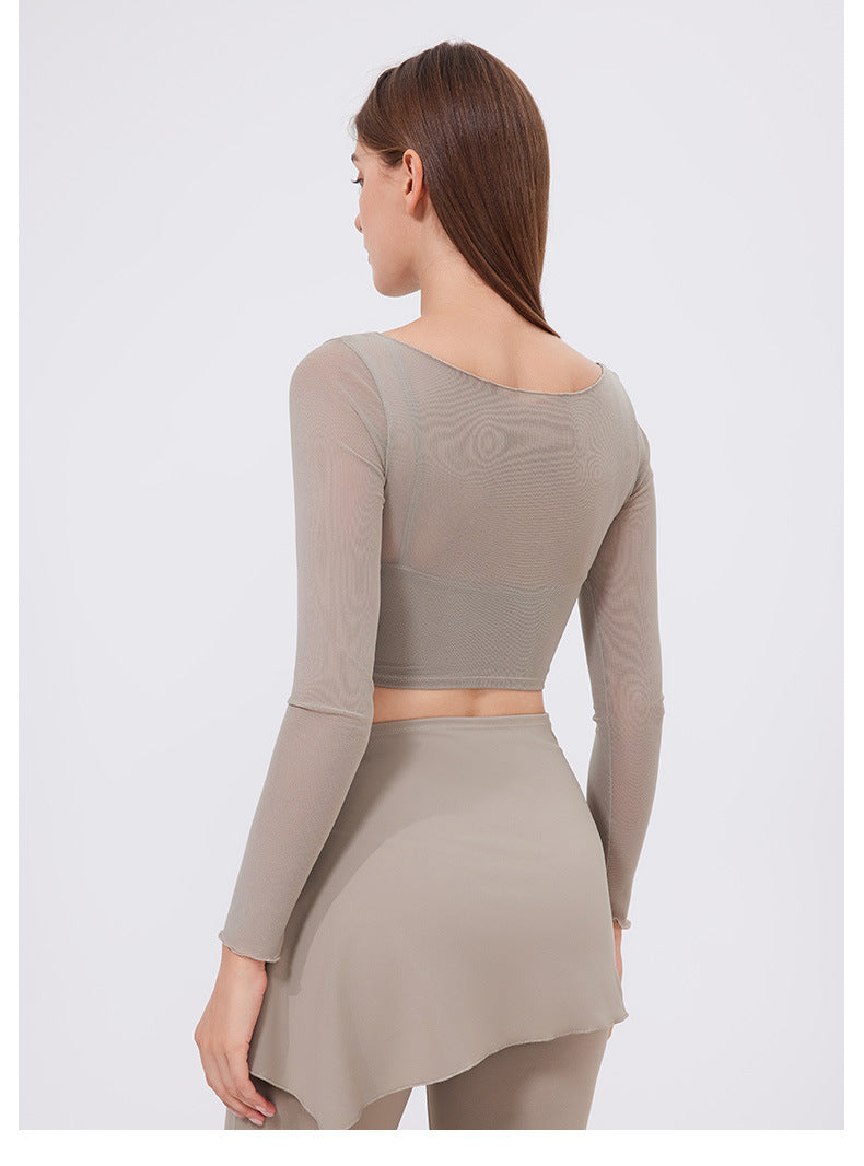 Mesh Long-Sleeve Crop Top with Square Neckline