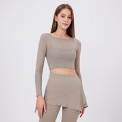 Mesh Long-Sleeve Crop Top with Square Neckline