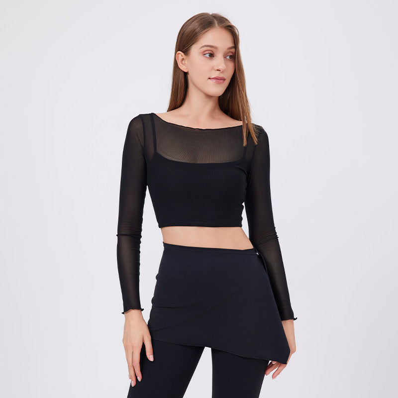 Mesh Long-Sleeve Crop Top with Square Neckline