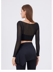 Mesh Long-Sleeve Crop Top with Square Neckline