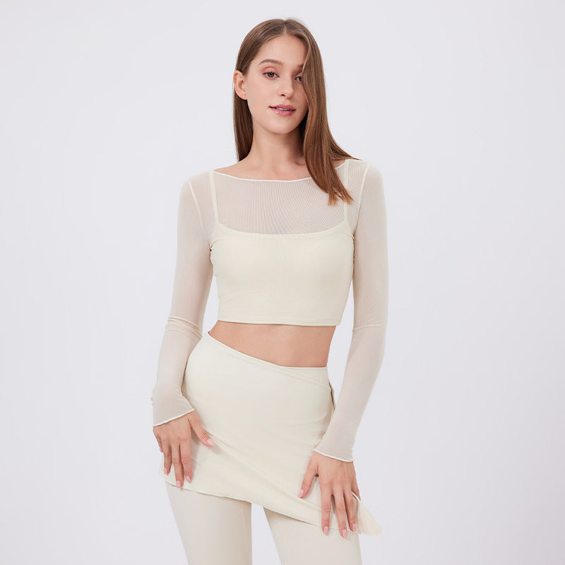 Mesh Long-Sleeve Crop Top with Square Neckline