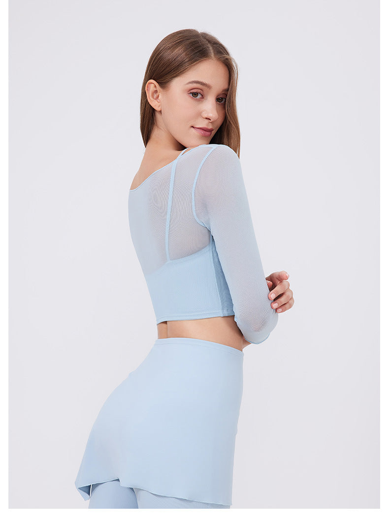 Mesh Long-Sleeve Crop Top with Square Neckline