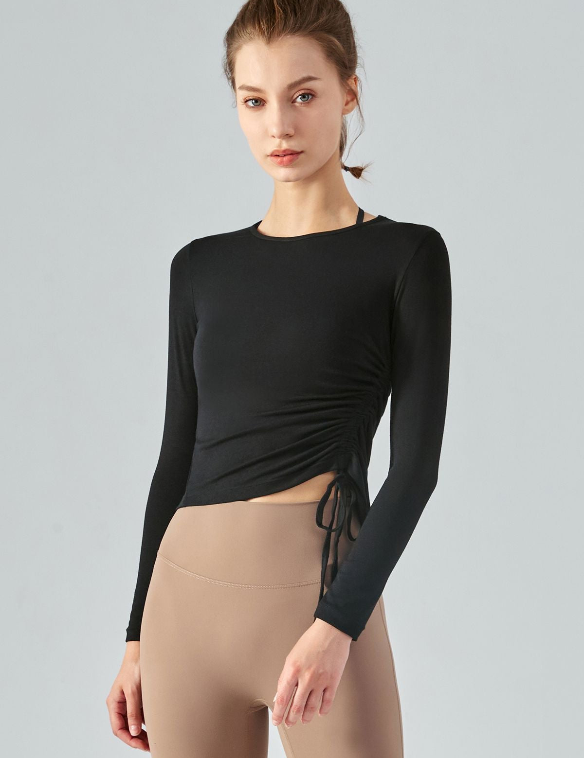 Asymmetrical Hem Long Sleeve Tops with Drawstring by bornfocus