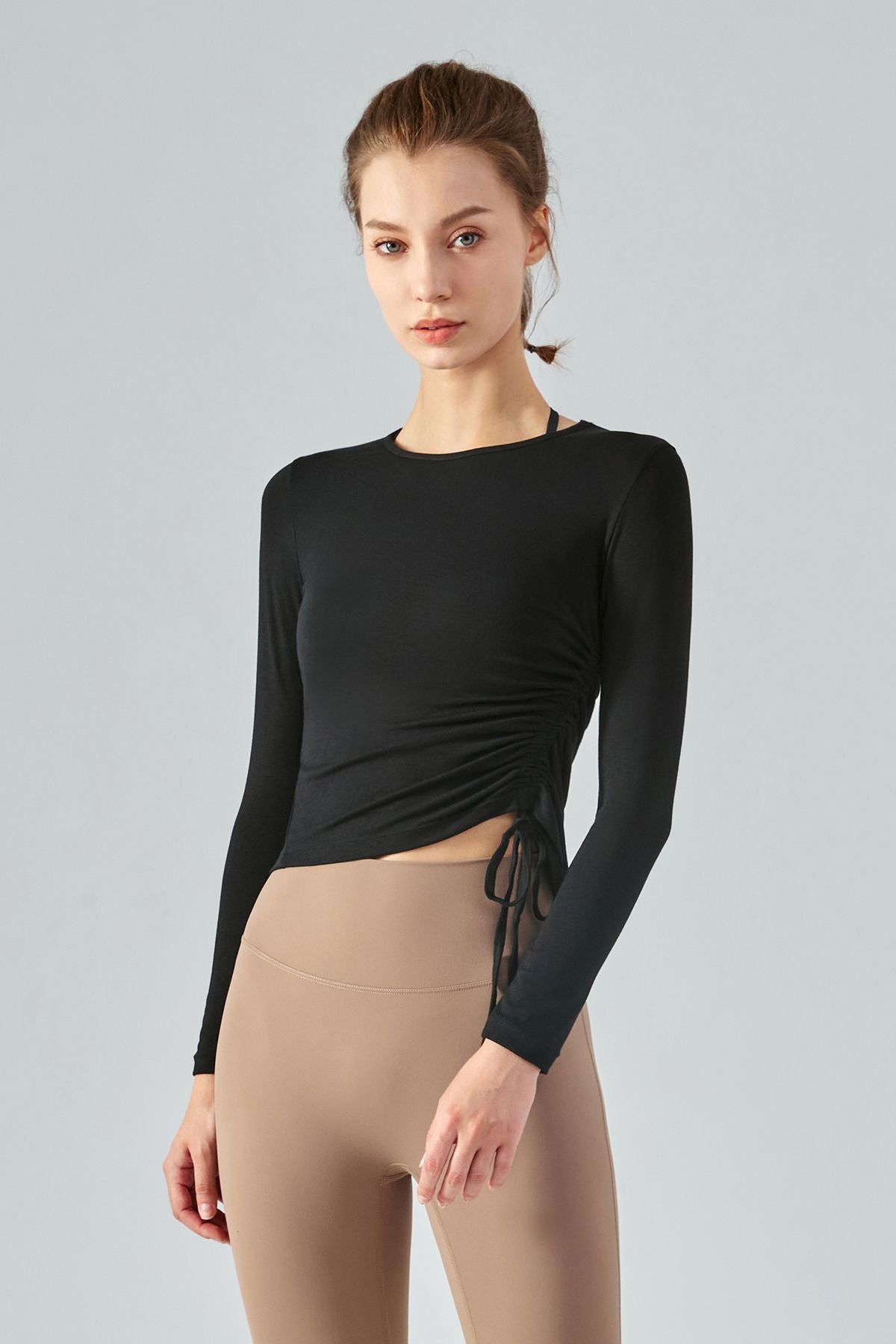 Asymmetrical Hem Long Sleeve Tops with Drawstring by bornfocus