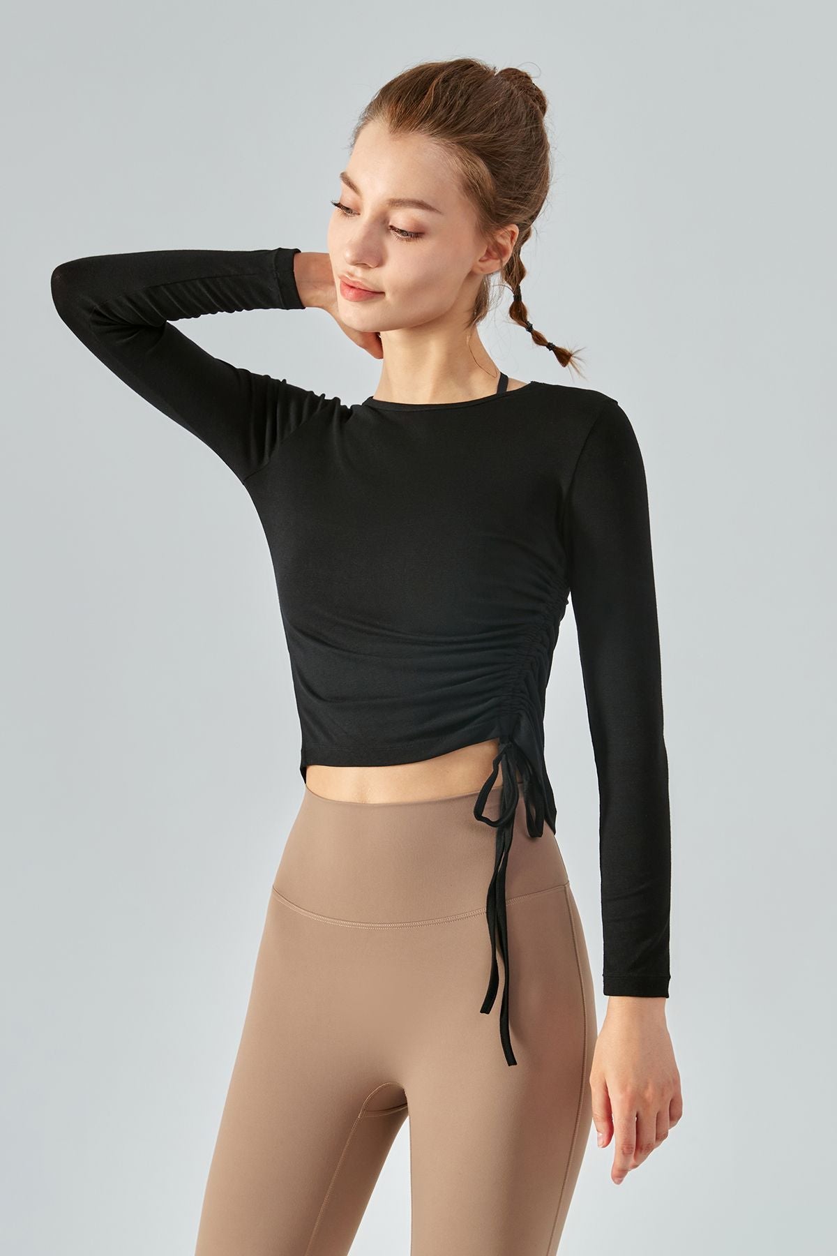 Asymmetrical Hem Long Sleeve Tops with Drawstring by bornfocus