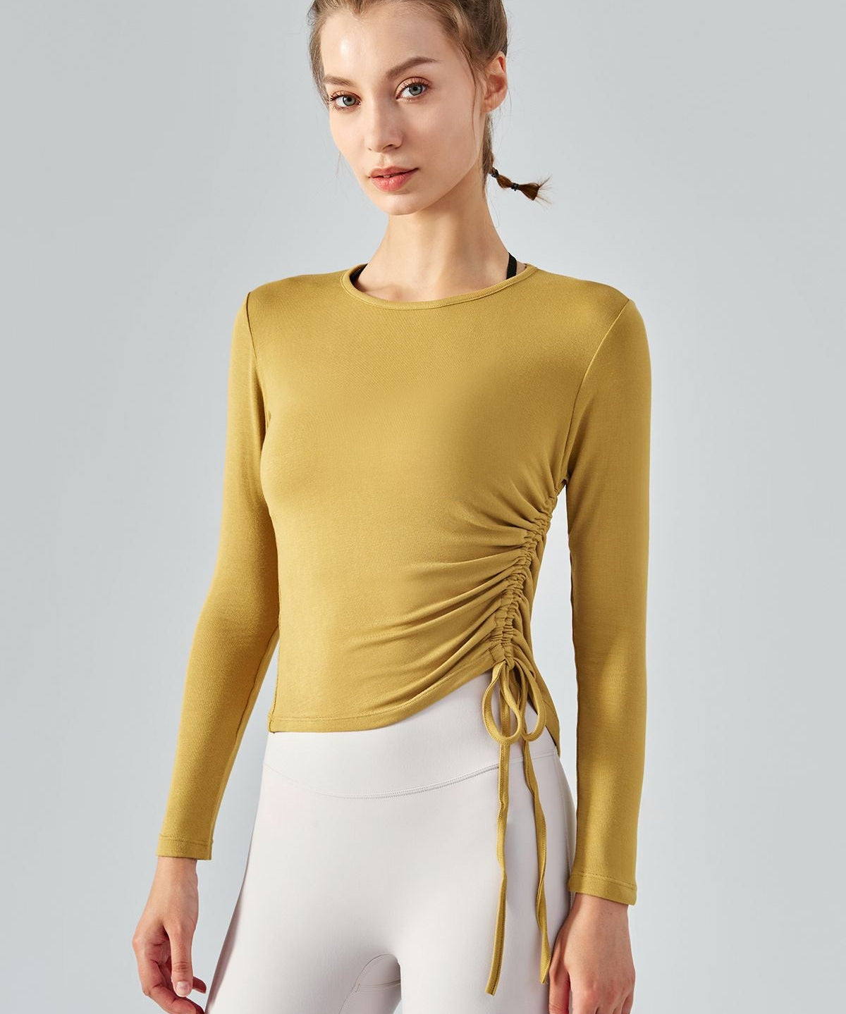 Asymmetrical Hem Long Sleeve Tops with Drawstring by bornfocus