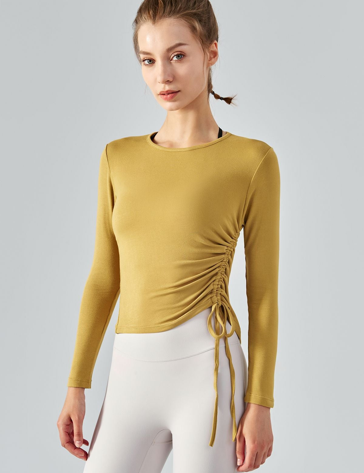 Asymmetrical Hem Long Sleeve Tops with Drawstring by bornfocus