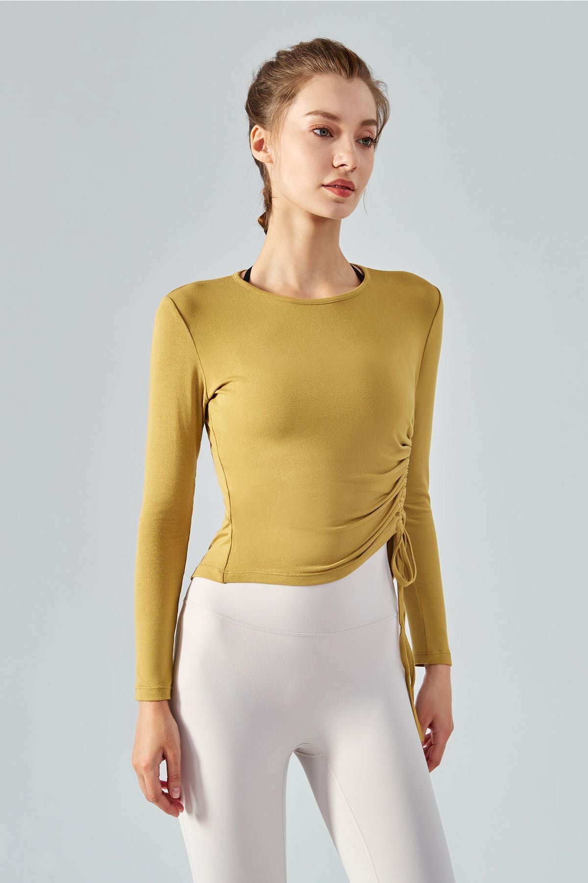 Asymmetrical Hem Long Sleeve Tops with Drawstring by bornfocus