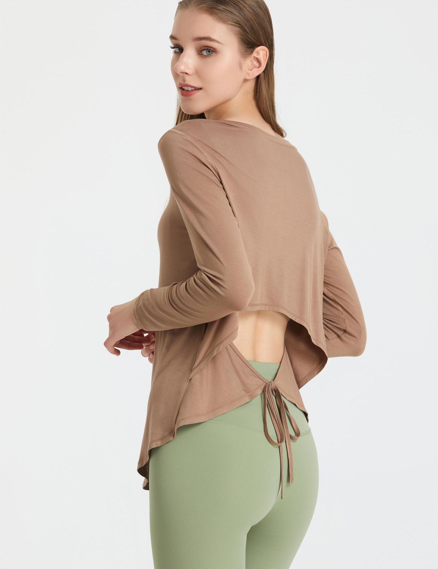 Back Waist Cutout Tie Long Sleeve T-Shirt by bornfocus