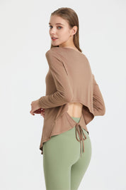 Back Waist Cutout Tie Long Sleeve T-Shirt by bornfocus