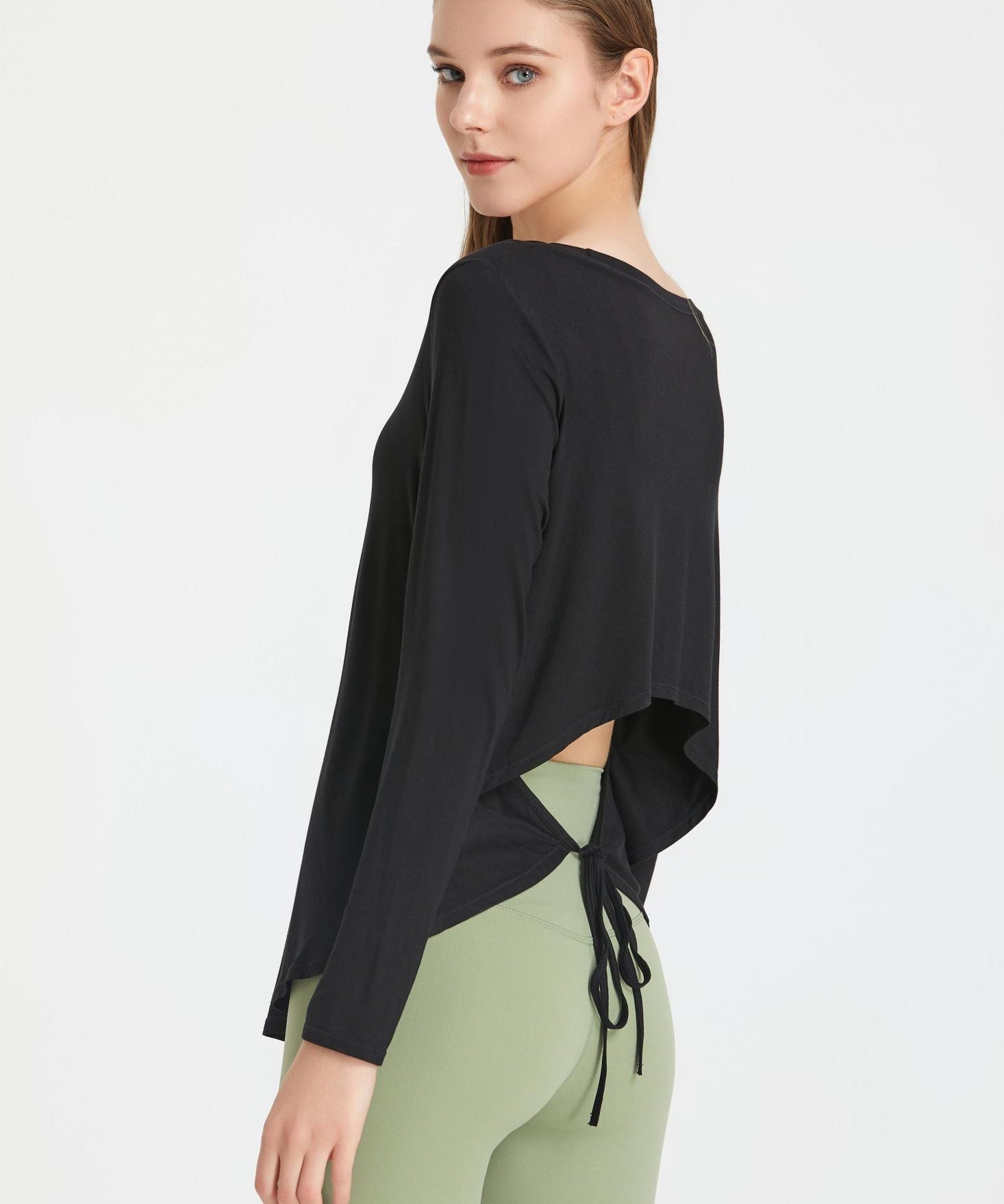 Back Waist Cutout Tie Long Sleeve T-Shirt by bornfocus