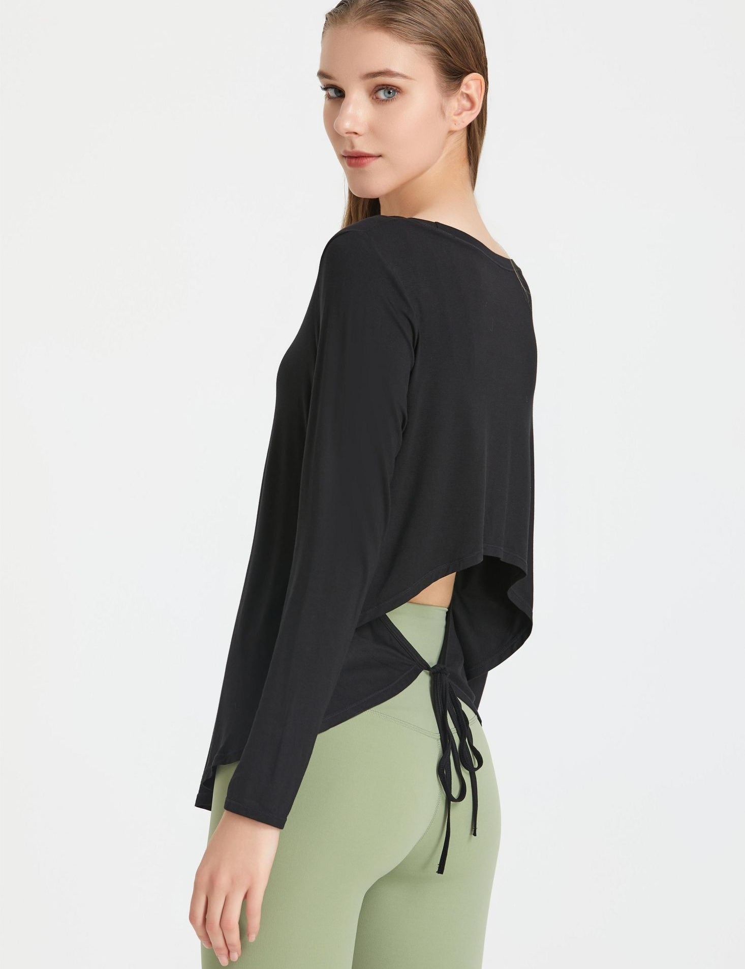 Back Waist Cutout Tie Long Sleeve T-Shirt by bornfocus