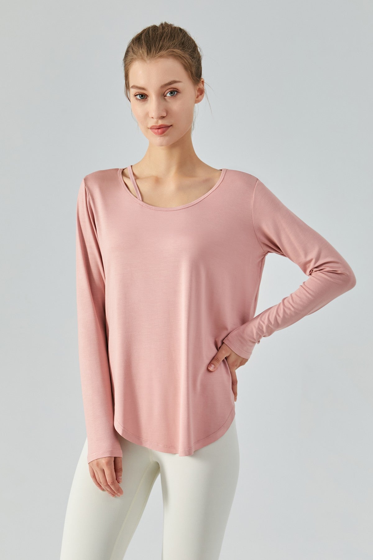 Chic Crew Neck Long Sleeve Curved Hem Tops by bornfocus