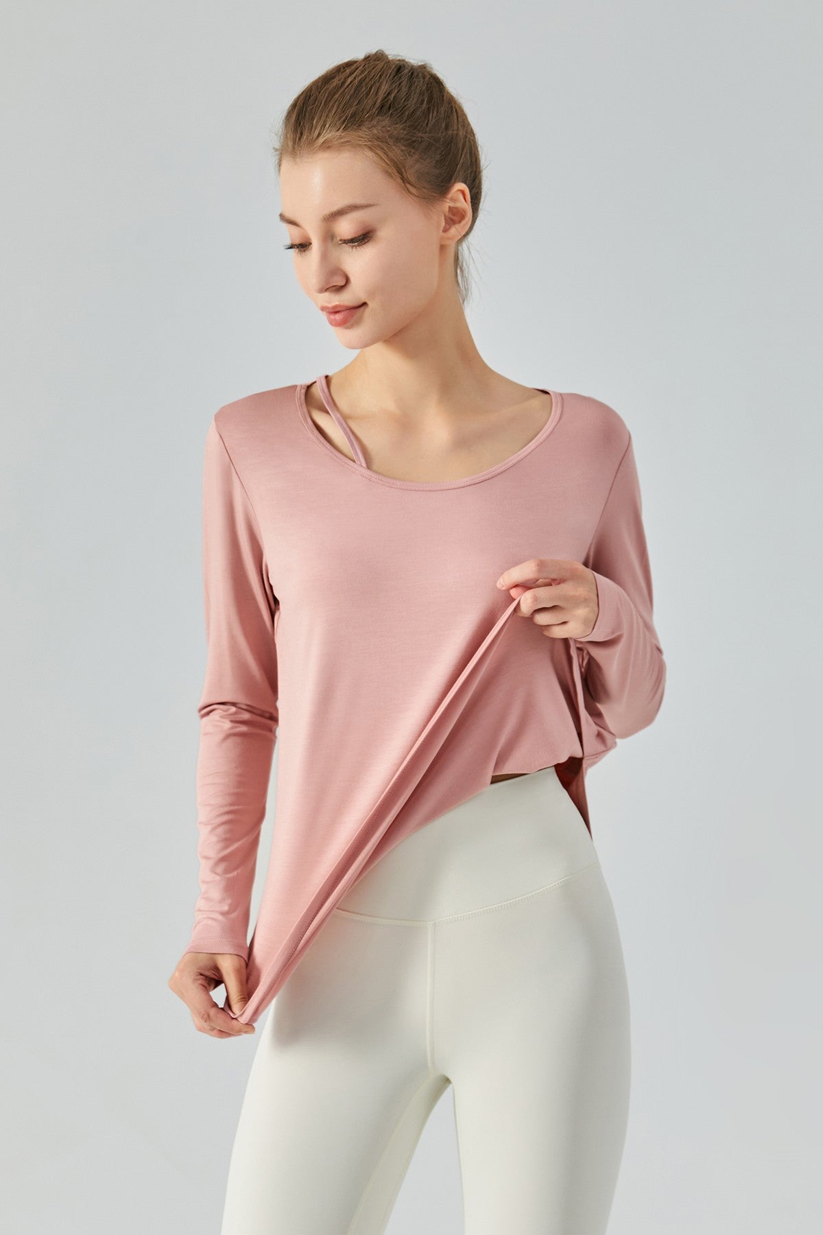 Chic Crew Neck Long Sleeve Curved Hem Tops by bornfocus