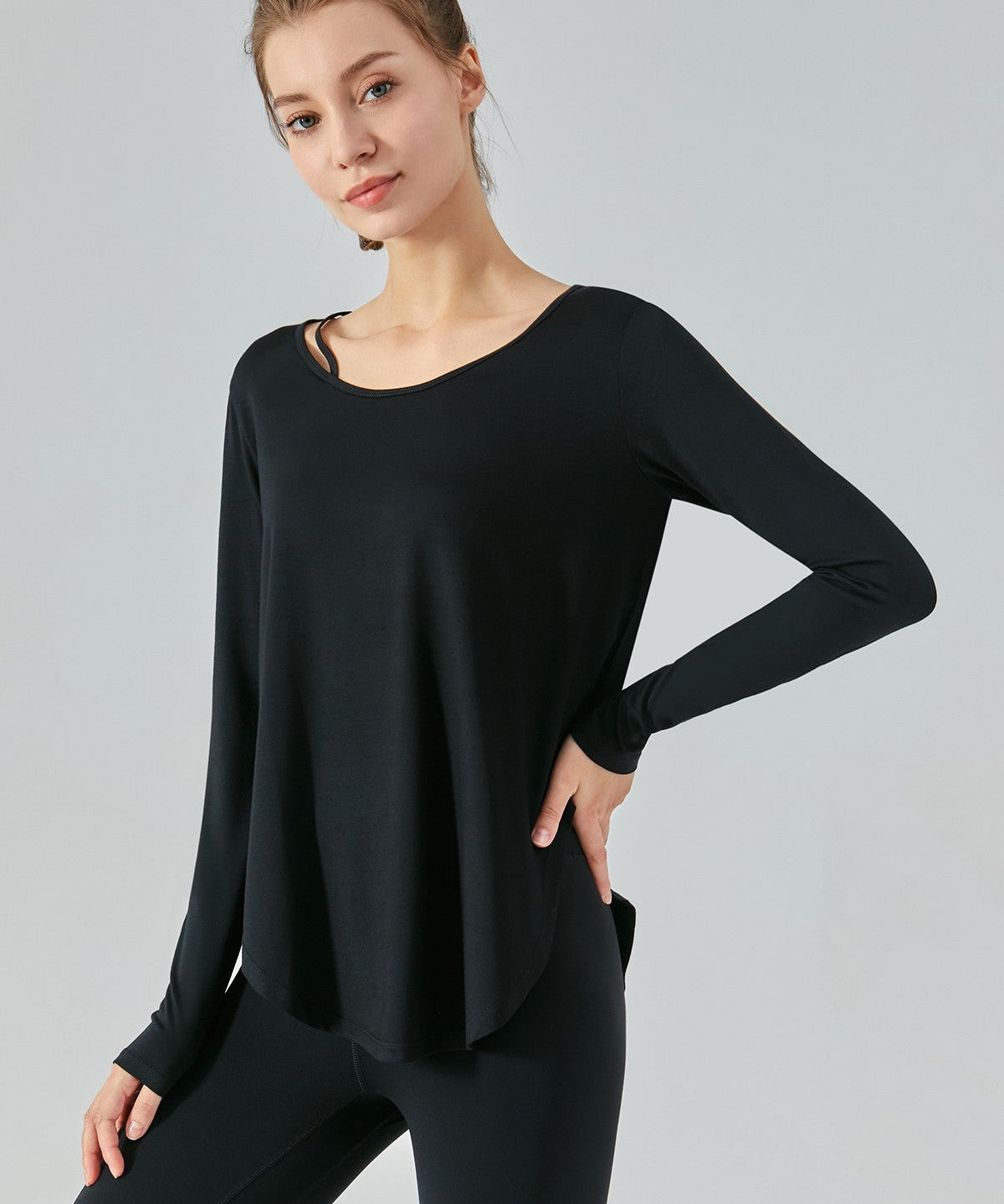 Chic Crew Neck Long Sleeve Curved Hem Tops by bornfocus