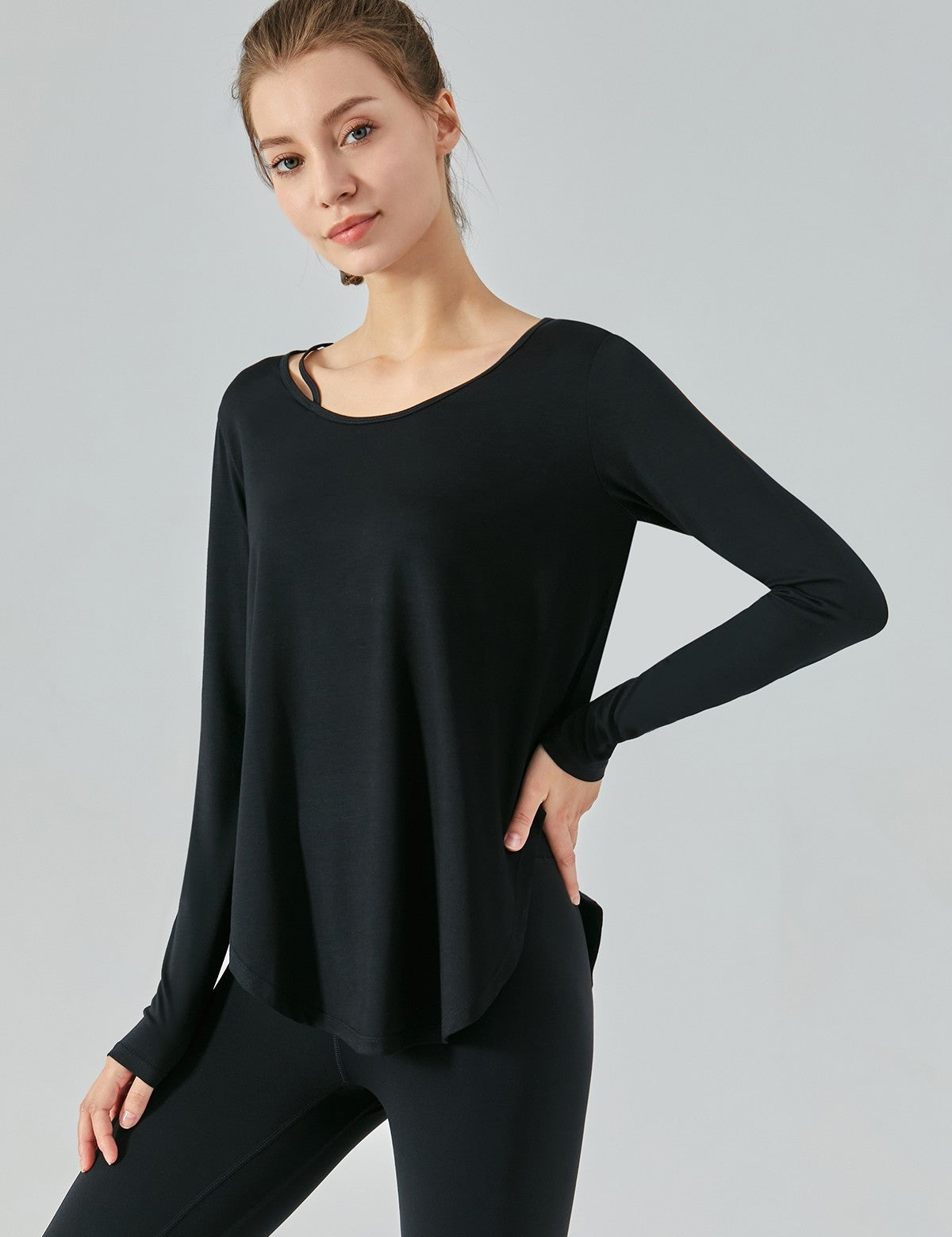 Chic Crew Neck Long Sleeve Curved Hem Tops by bornfocus