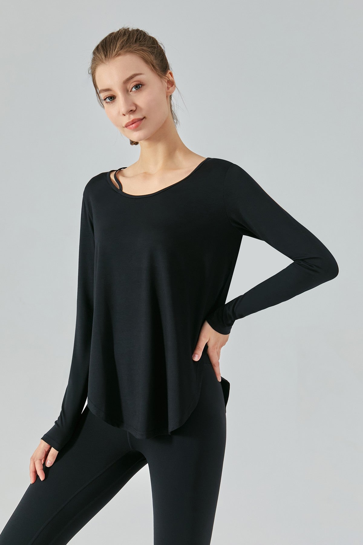 Chic Crew Neck Long Sleeve Curved Hem Tops by bornfocus