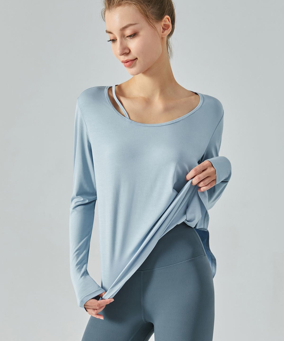 Chic Crew Neck Long Sleeve Curved Hem Tops by bornfocus