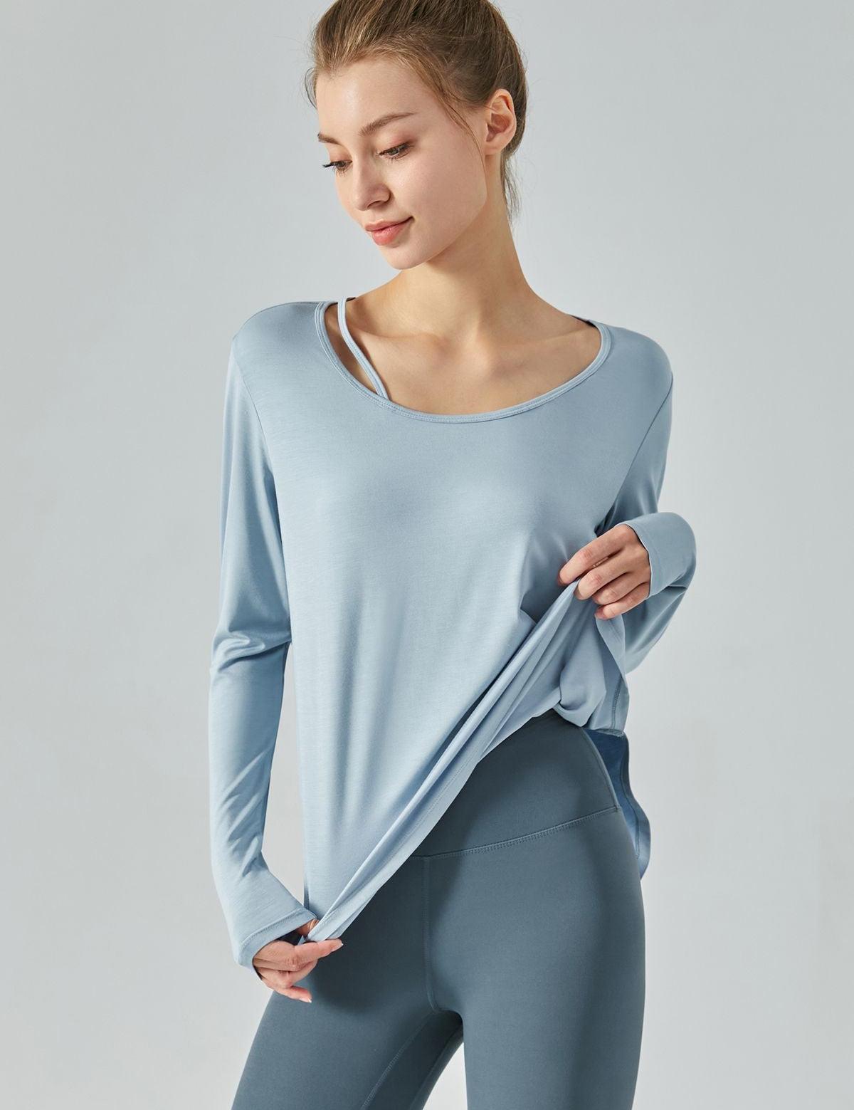 Chic Crew Neck Long Sleeve Curved Hem Tops by bornfocus